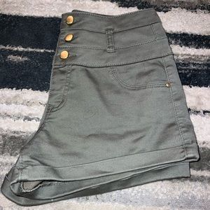 High waisted, olive green, tight shorts